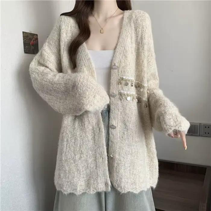 Veste pull à paillettes à col en v pour femme