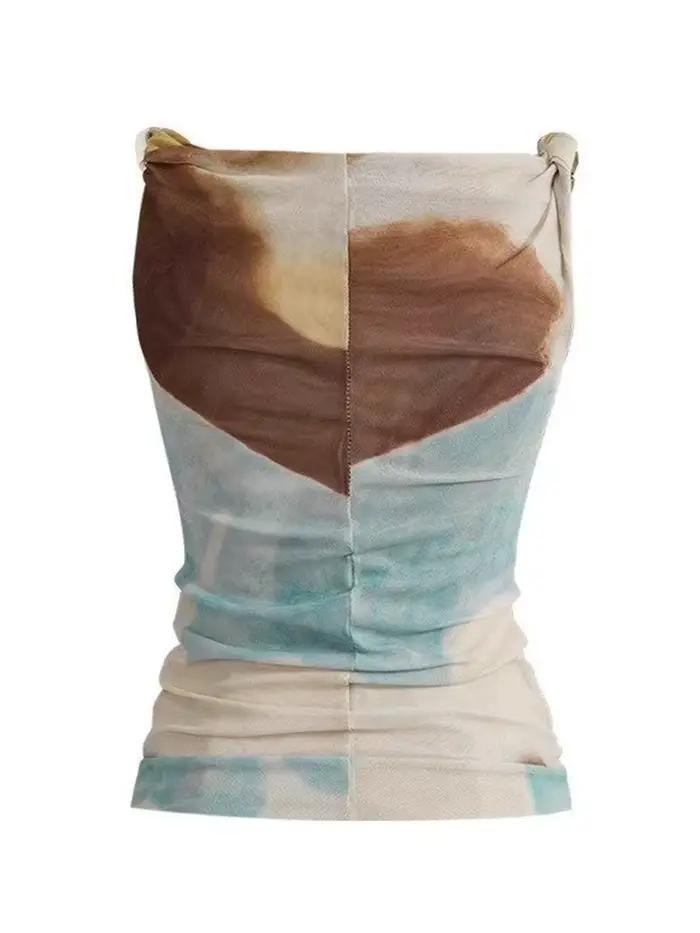 Aoaiiys Débardeur Femme Été Épaules Dénudées Camisole Imprimé Tie-Dye Abstrait Maille Coupe Irrégulière Ajustée Décontracté Streetwear