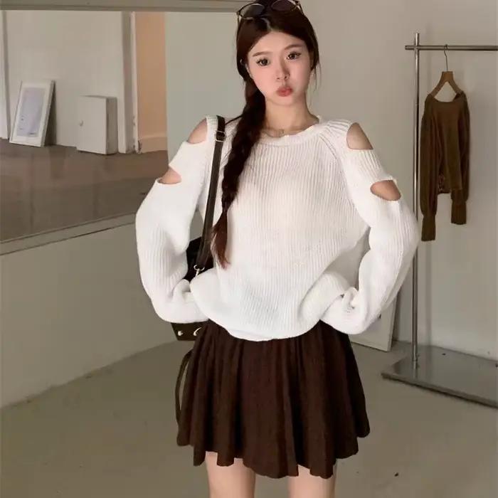 Pull tricoté uni pour femmes, épaules dénudées, style décontracté, automne chic et doux