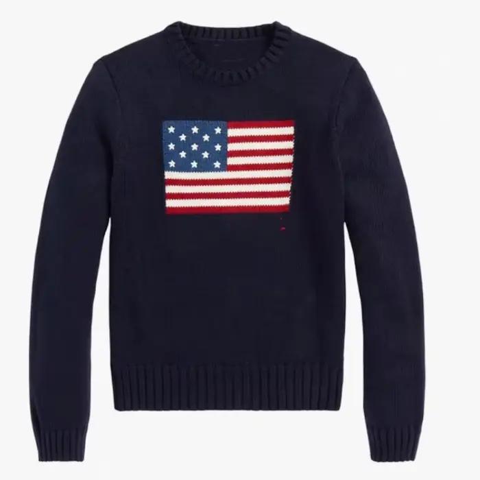 Pull classique à manches longues et col rond en tricot blanc et bleu marine avec drapeau américain pour femme