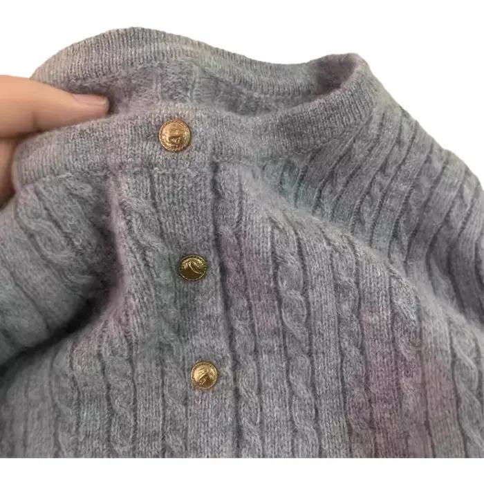 Cardigan ouvert en laine torsadée gris pour femme, style décontracté, avec petits boutons dorés, idéal pour l'automne et l'hiver