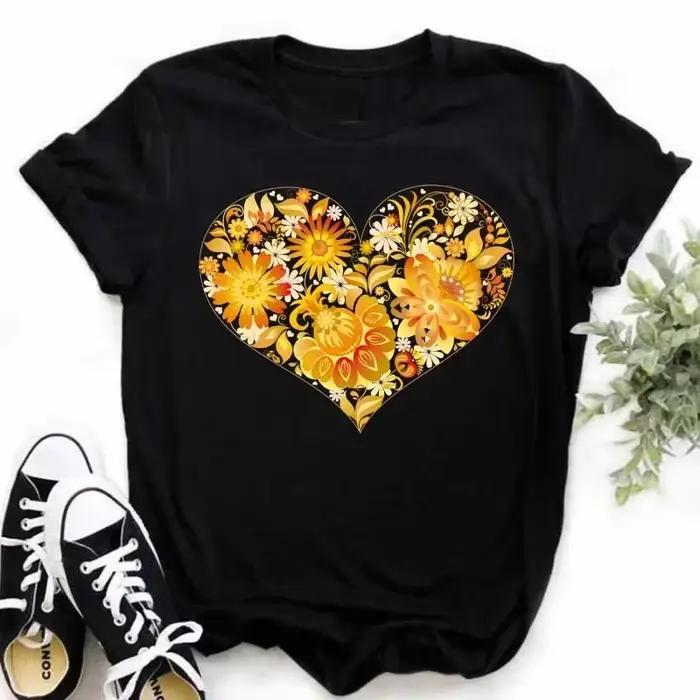 100% coton nouvel été amour fleur T-shirt bas chemise dessin animé grande taille à manches courtes haut femme Y2k