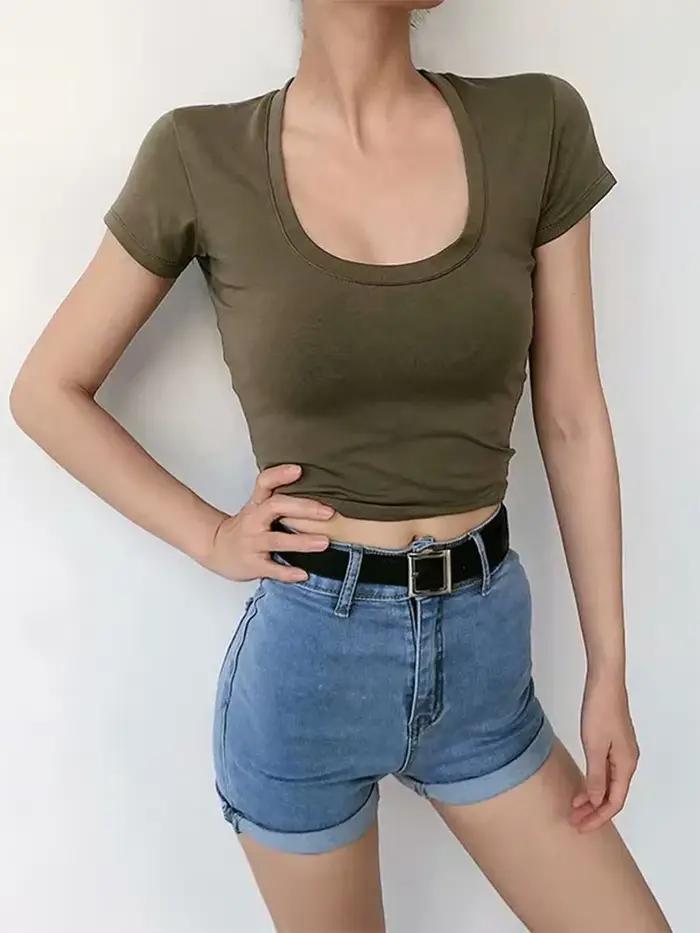 Haut court à col en U pour femmes, couleur unie, décontracté, taille haute, amincissant, polyester et élasthanne, débardeurs, été, streetwear, sexy