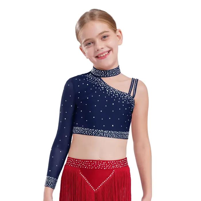 Ensemble de danse lyrique haut court asymétrique épaule dénudée avec fente latérale jupe en maille irrégulière pour filles occasions spéciales performances danse moderne concours