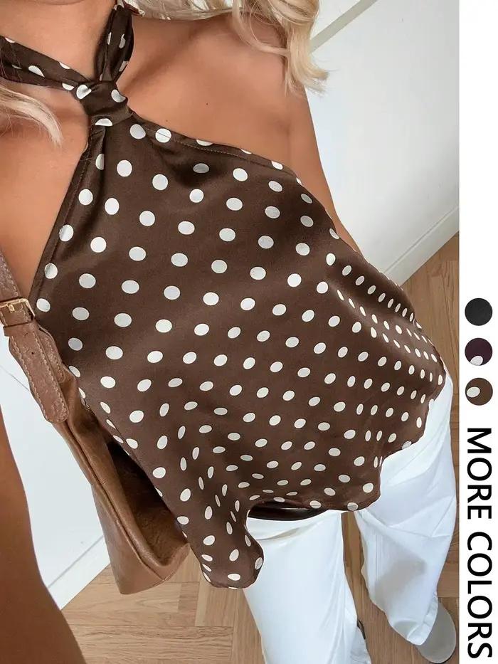 Haut en polyester non extensible à pois licou avec nœud pour femme pour les occasions estivales et printanières
