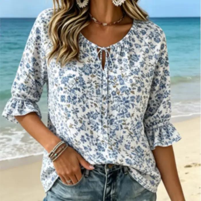 Chemisier pour femme bleu à motifs floraux délicats col en V manches 3/4 à volants pour le quotidien et l'été