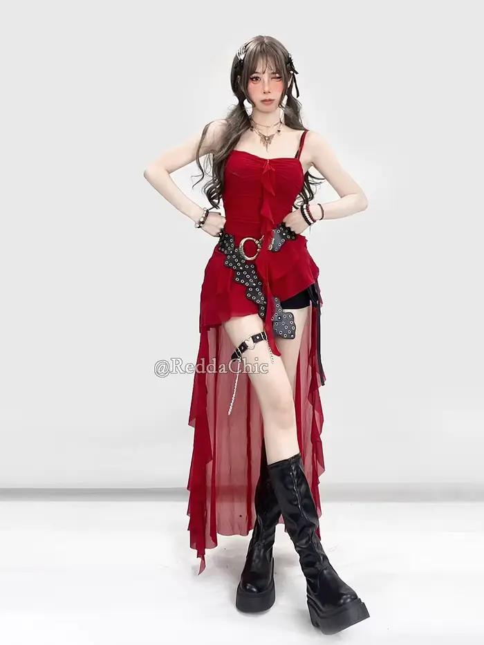REDDACHiC femmes Camisole avec sentier rouge solide maille extensible irrégulière à volants fluide froncé haut Corset été fête Festival tenue