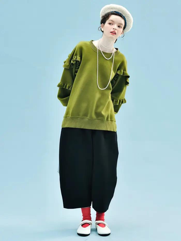 Sweat-shirt vert olive à manches volantées uniques accrocheur pour les vêtements décontractés de rue 255243