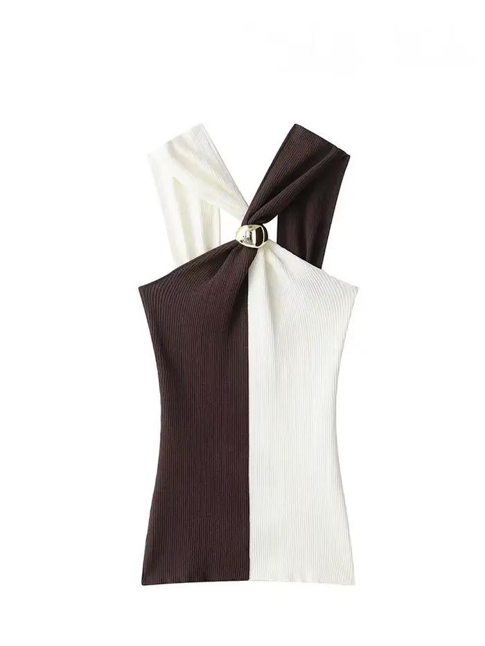 HH femmes été nouvelle mode Chic tricoté hauts col suspendu sans manches dos nu femme Sexy mince