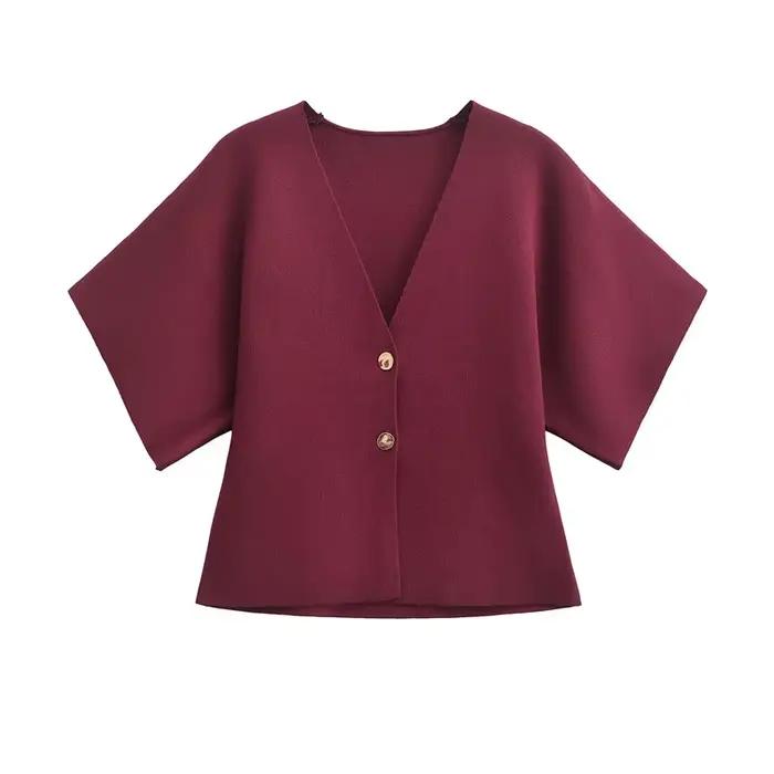 Cardigan à manches courtes femme élégant streetwear coupe ample col en V polyester pour printemps automne occaions spéciales