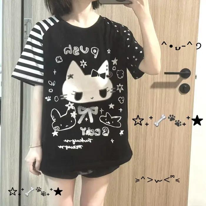 T-shirt à manches courtes imprimé chat mignon style japonais pour femme