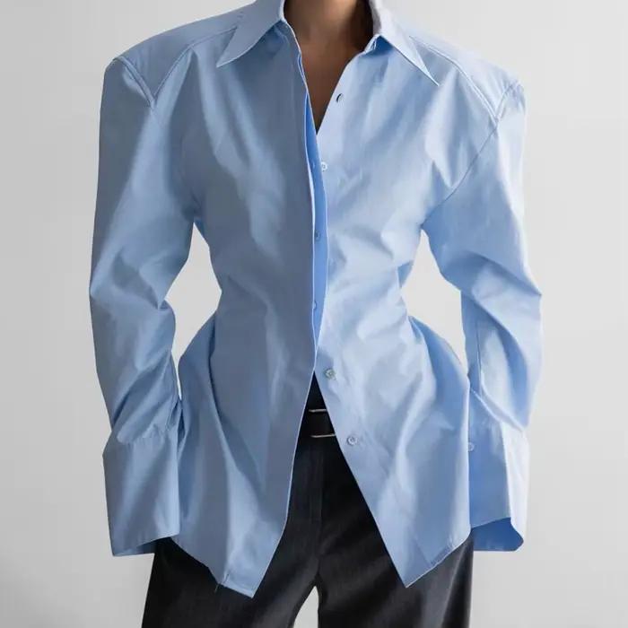 Chemisier à manches bouffantes pour femme, élégant, automne, style bureau, boutonnage simple, chic urbain, col rabattu, polyester et coton, occasion décontractée, pour femmes juniors