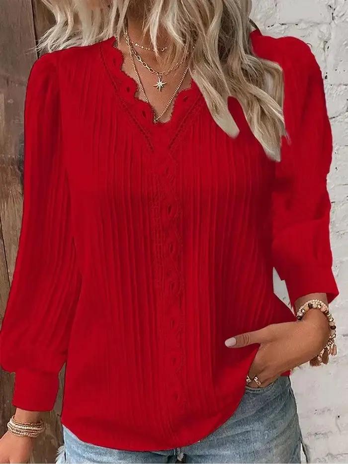 Chemise ample en dentelle pour femmes col en V manches longues polyester haut d'automne chemisier de rue simple et élégant pour toutes les occasions