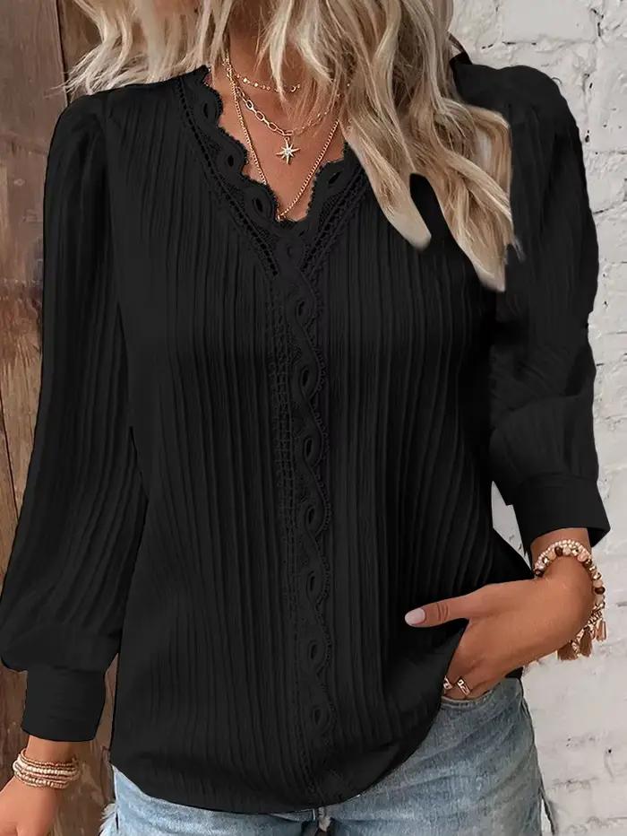 Chemisier Blanc en Mousseline de Soie avec Coutures en Dentelle Col en V pour Femmes Occasions Spéciales Automne Hiver