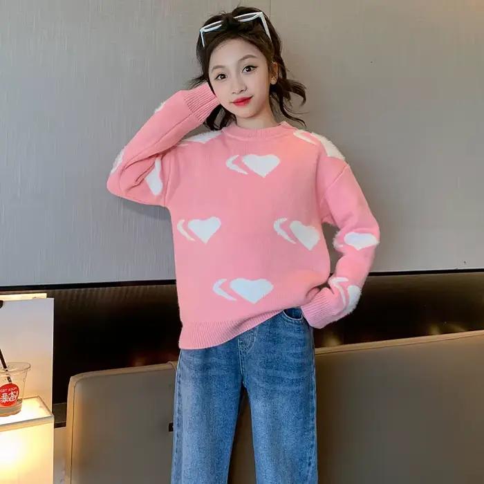 Pull en tricot pour fille coréenne avec cœurs pour adolescent