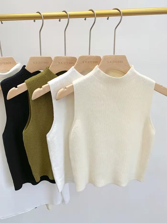 Débardeur tricoté pour femme 2026 – Collection Printemps-Été – Pull court sans manches uni – Pulls et pulls-over Printemps-Automne