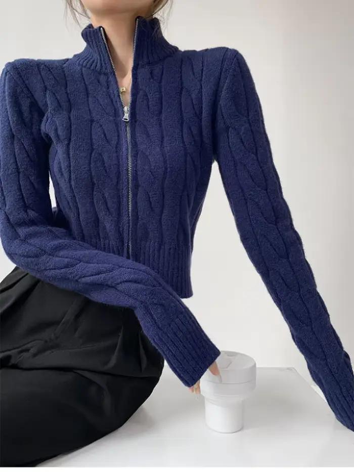 Haut court à col roulé YOZOU double face tricots bleus noir et blanc pour femmes automne hiver style bureau junior