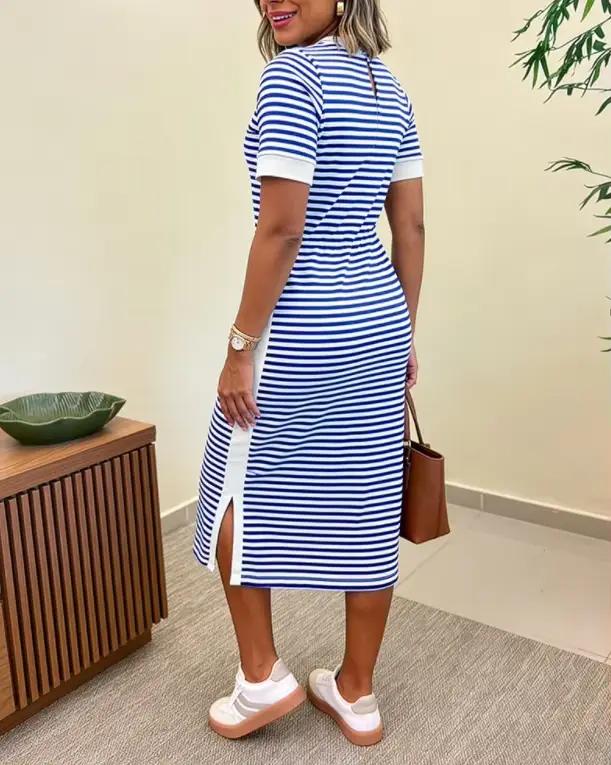 Robe t-shirt mi-longue rayée color-block pour femme décontractée avec taille cintrée et fente latérale ocassions spéciales femmes adultes mode printemps été polyester tricoté