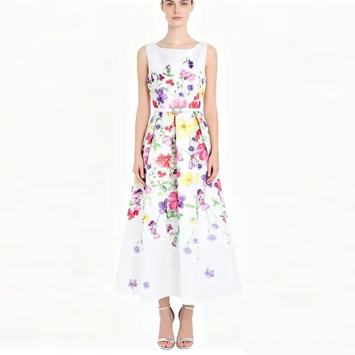 Robe longue sans manches bleu marine à imprimé floral pour femme élégante coupe trapèze avec ceinture pour fêtes et mariages
