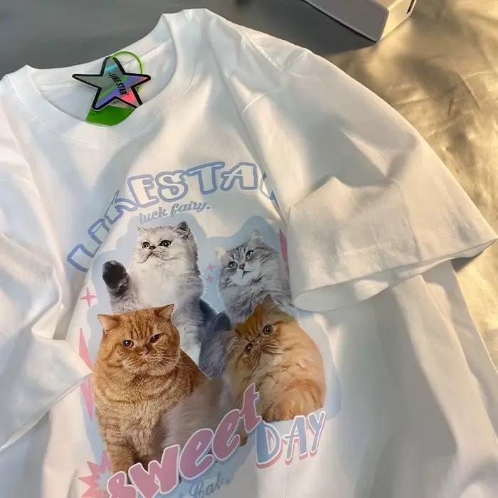 Femmes chat Super mignon T-shirt ample à manches courtes doux grande taille chemise