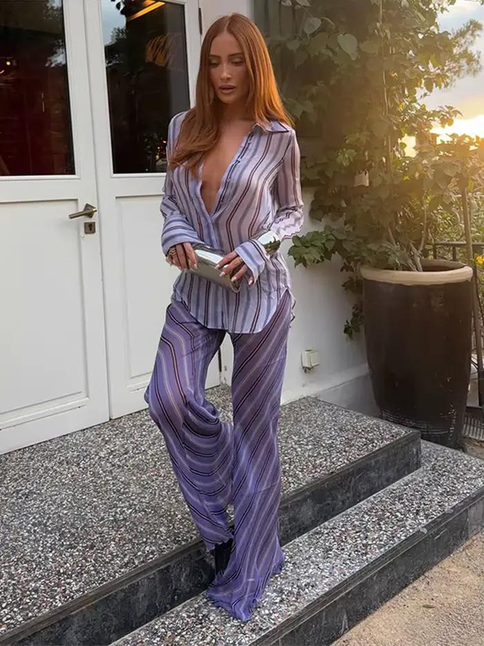 Ensemble en mousseline transparente rayée pour femme