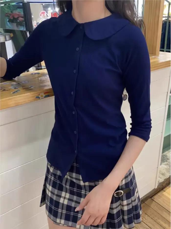 Bleu marine bouton BabyDoll hauts femmes coton décontracté col rabattu demi manches T-shirts femme Y2K doux mignon