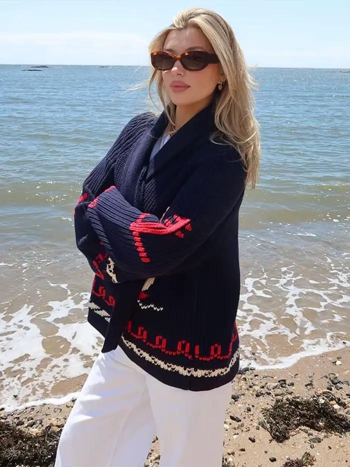 Jacquard tricoté pull Cardigan femmes élégant revers à manches longues lambrissé lâche printemps tricots manteaux nouvelles dames Club vêtements d'extérieur