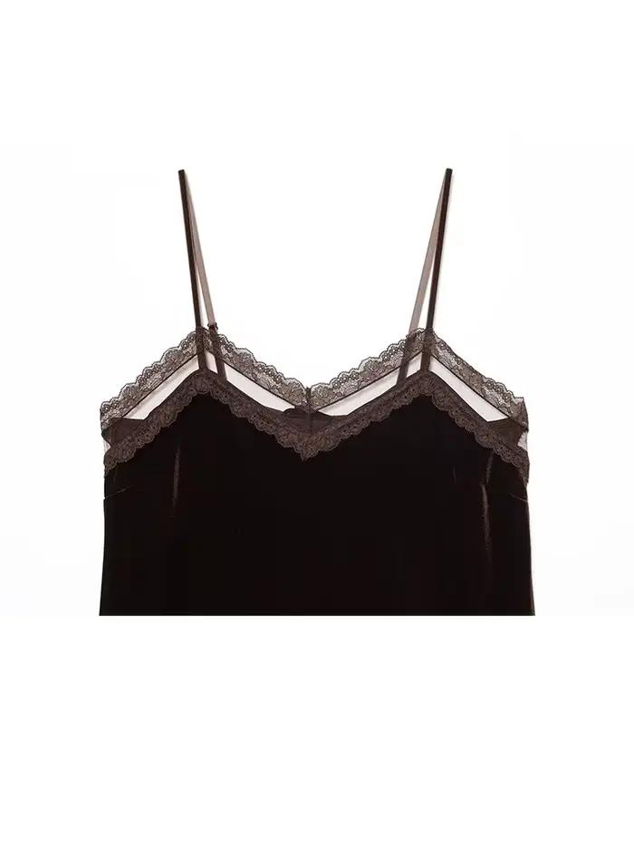 HH femme élégant col en v sans manches dentelle décoration court velours haut