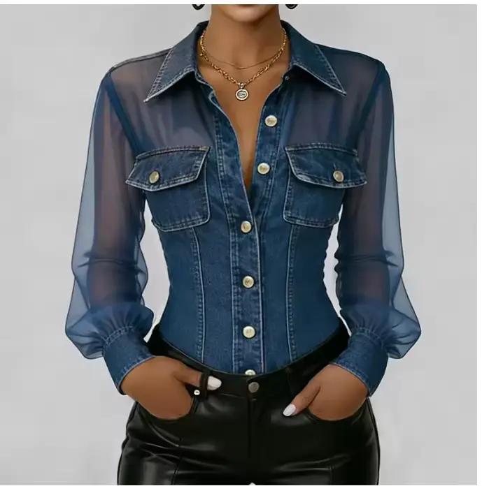 Chemisier vintage en jean et maille transparente pour femme