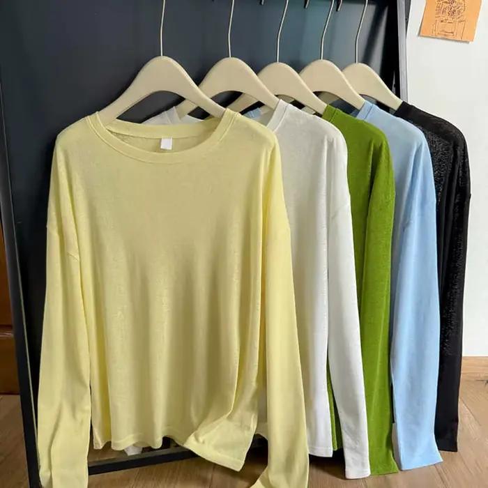 T-shirt à manches longues légèrement transparents pour femmes protection solaire été décontracté polyester ample confortable