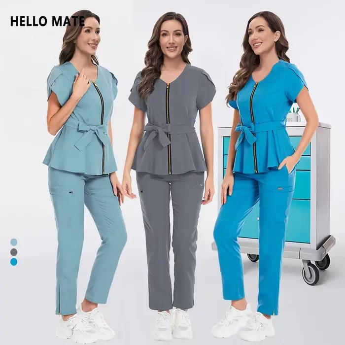 Ensemble de gommage HELLO MATE multicolore pour femmes, uniformes médicaux, hauts à manches courtes et pantalons droits pour travailleurs de la santé, esthéticiennes et vétérinaires