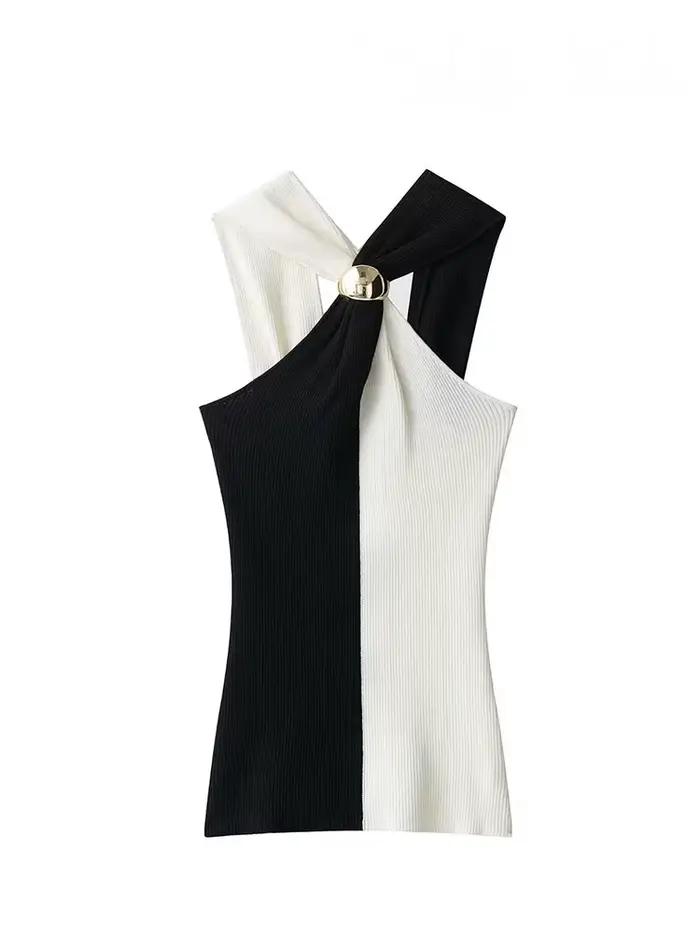 HH femmes été nouvelle mode Chic tricoté hauts col suspendu sans manches dos nu femme Sexy mince