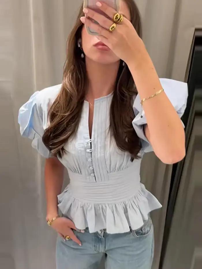 Chemisier Chic Femme Col Carré Froncé Style Corset Manches Bouffantes Bordure Dentelle Détail Nœud Coupe Ajustée Nouvelle Collection Printemps 2026 Romantique Rendez-vous Vintage