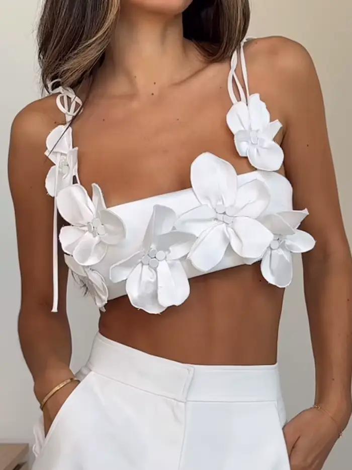 Chic 3d fleur à lacets Spaghetti sangle hauts courts pour les femmes 2024 été dos nu sans manches bustiers mode dame