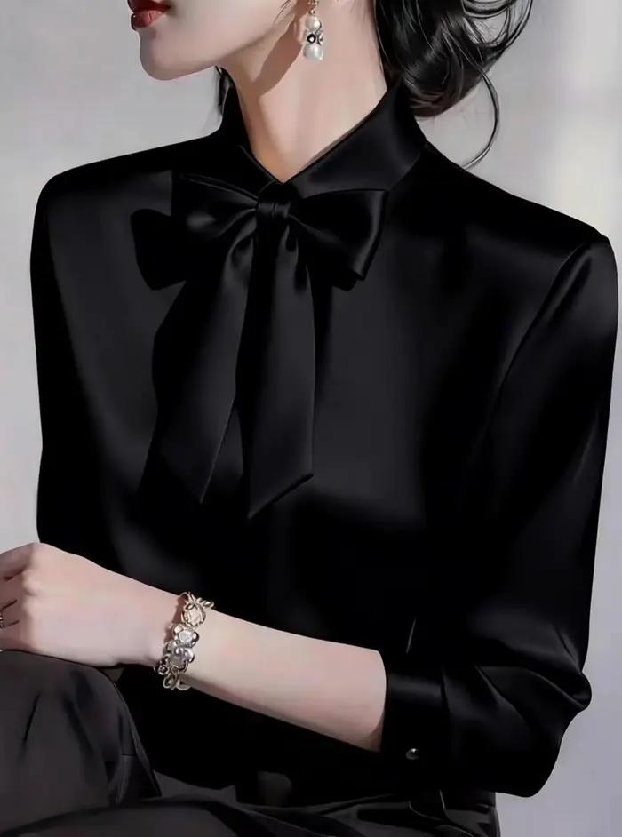 Chemise en satin à manches longues pour femme avec col à nœud papillon