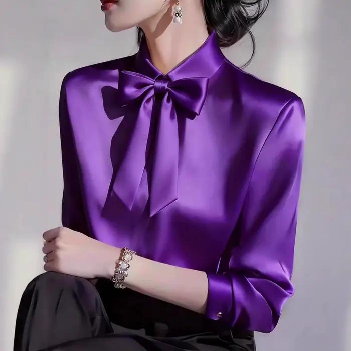Chemise en satin à manches longues pour femme avec col à nœud papillon