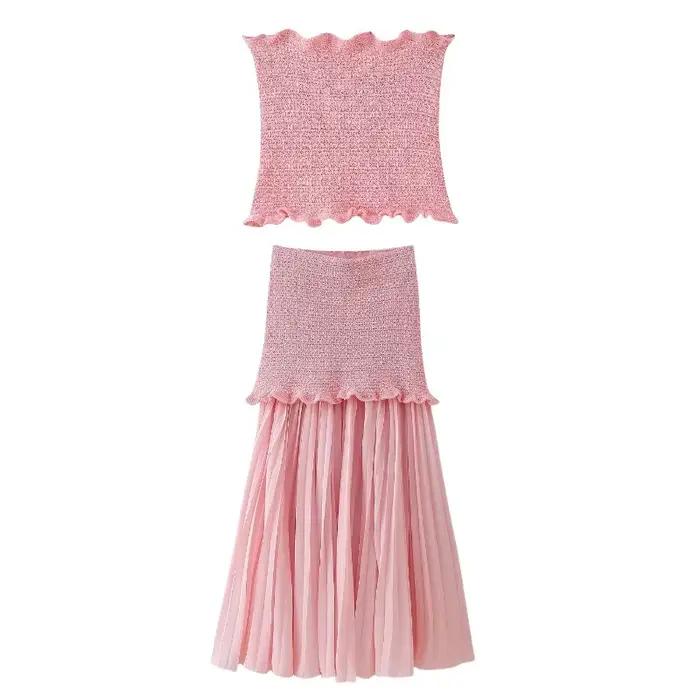 Ensemble 2 pièces haut en maille froncé et jupe longue taille haute