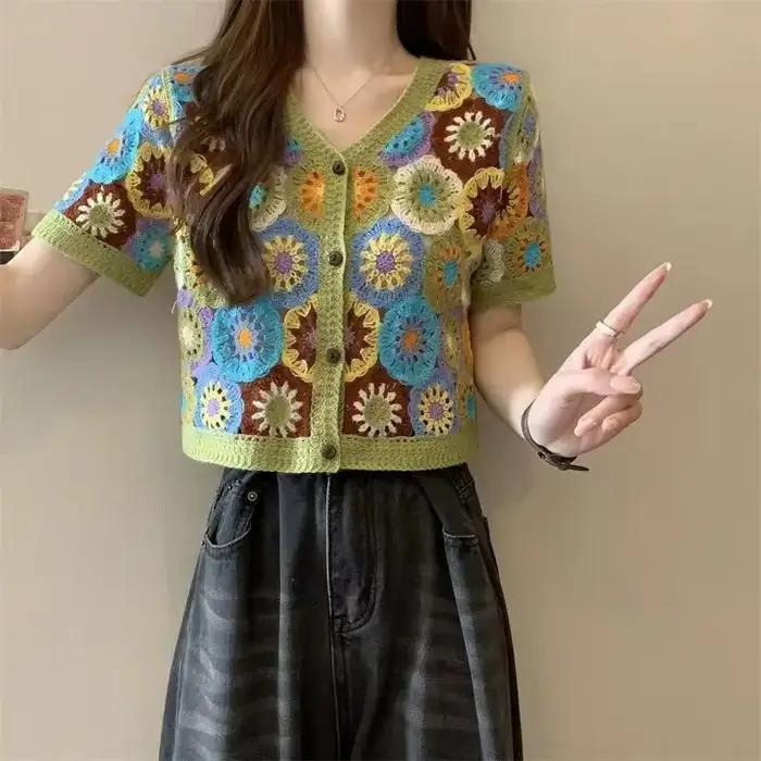 Haut boutonné au crochet transparent à manches courtes pour femmes, style bohème vintage Fairycore, occassions spéciales