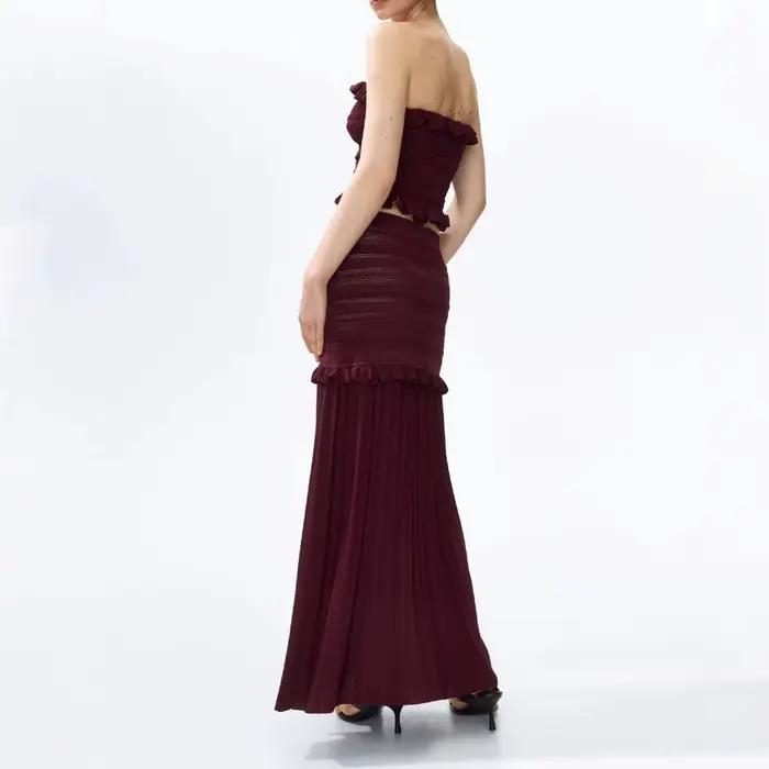 Ensemble 2 pièces haut en maille froncé et jupe longue taille haute