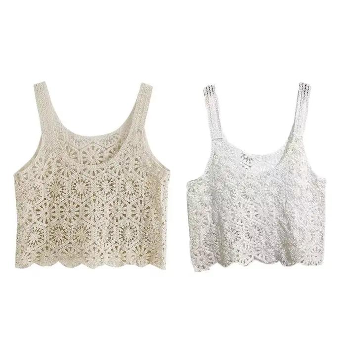 Femmes Crochet Récolte pour Débardeur Boho Creux Tricot Floral Camisole Sans Manches Cove