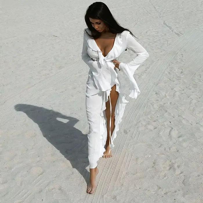 Sexy col en V à volants à manches longues noir blanc nouvelle tunique en mousseline de soie plage couvrir robe crème