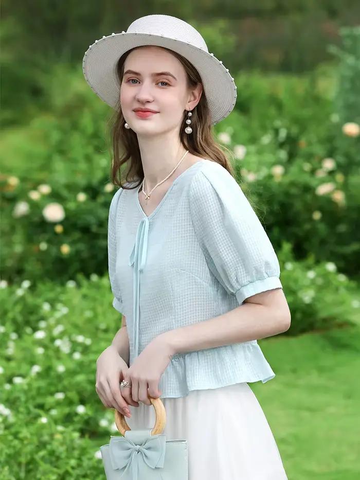Je crois que vous chemise et chemisier français bleu pour femmes 2025 été nouveaux bases rétro doux petit frais solide