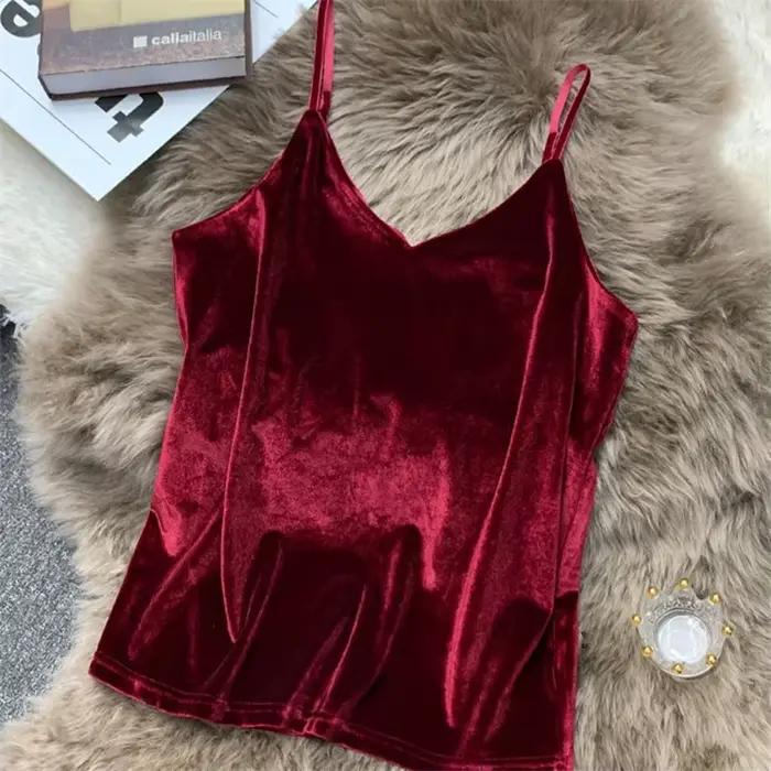 Camisole en velours pour femme, col en V, bretelles spaghetti, vintage, sexy, élégant, décontracté, printemps été