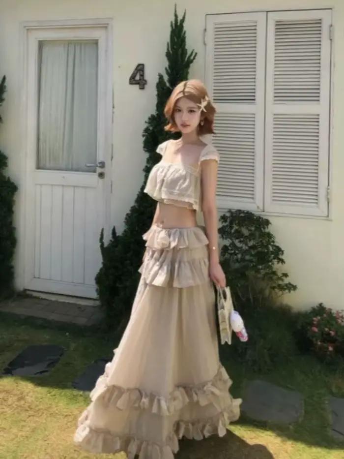 Ensemble 2 pièces chic et élégant pour femme style rétro français Y2K hauts et longues jupes tenue sexy vintage japonaise printemps été 2026