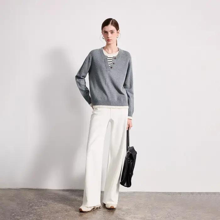 TOYOUTH femmes fil plissé tricots 2026 printemps nouveau Patchwork deux pièces Illusion couleur-bloc hauts intellectuels