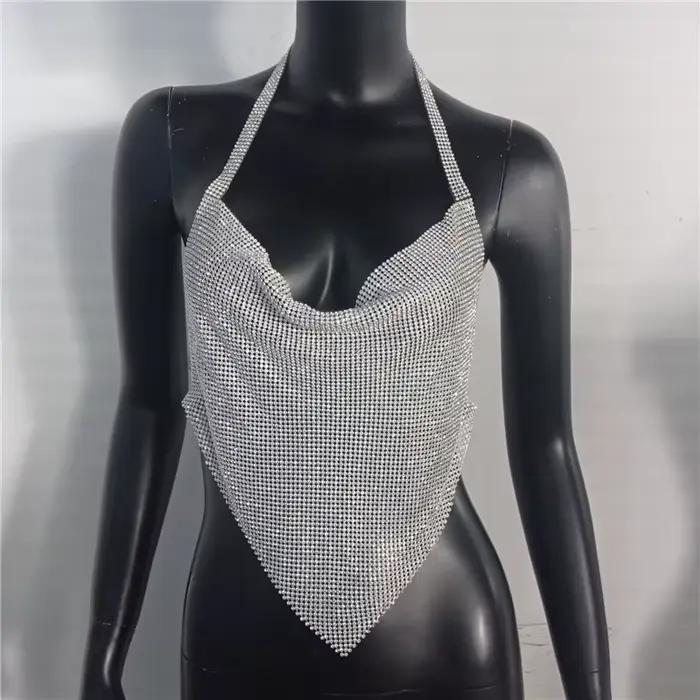 Haut court dos nu à sequins dorés scintillants pour femmes, style Y2K, sexy, pour soirée et club, avec strass brillants polyester lin polyvalent occasions spéciales