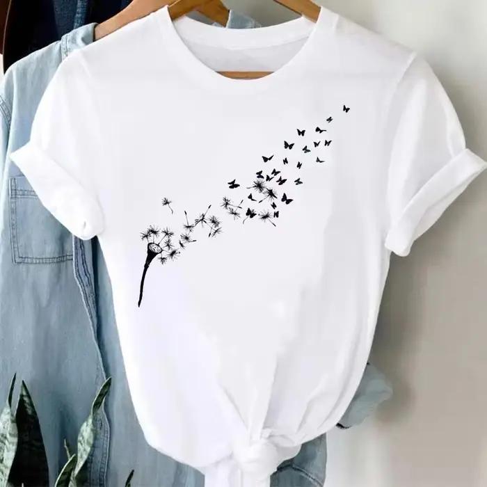T-shirt à manches courtes pour femme avec imprimé graphique de pissenlit