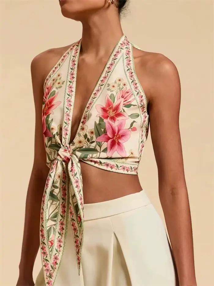 Haut court col licou pour femmes imprimé floral sexy nœud devant débardeurs vêtements été style bohème occasions spéciales junior
