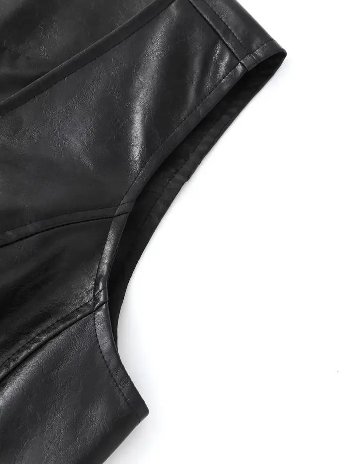 Gilet en simili cuir noir pour femmes – Haut sans manches boutonné à col en V ajusté
