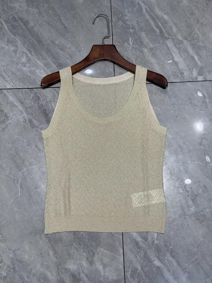 Haut tricoté métallique sans manches à motif chevron pour femme + pantalon à jambes larges à taille élastique
